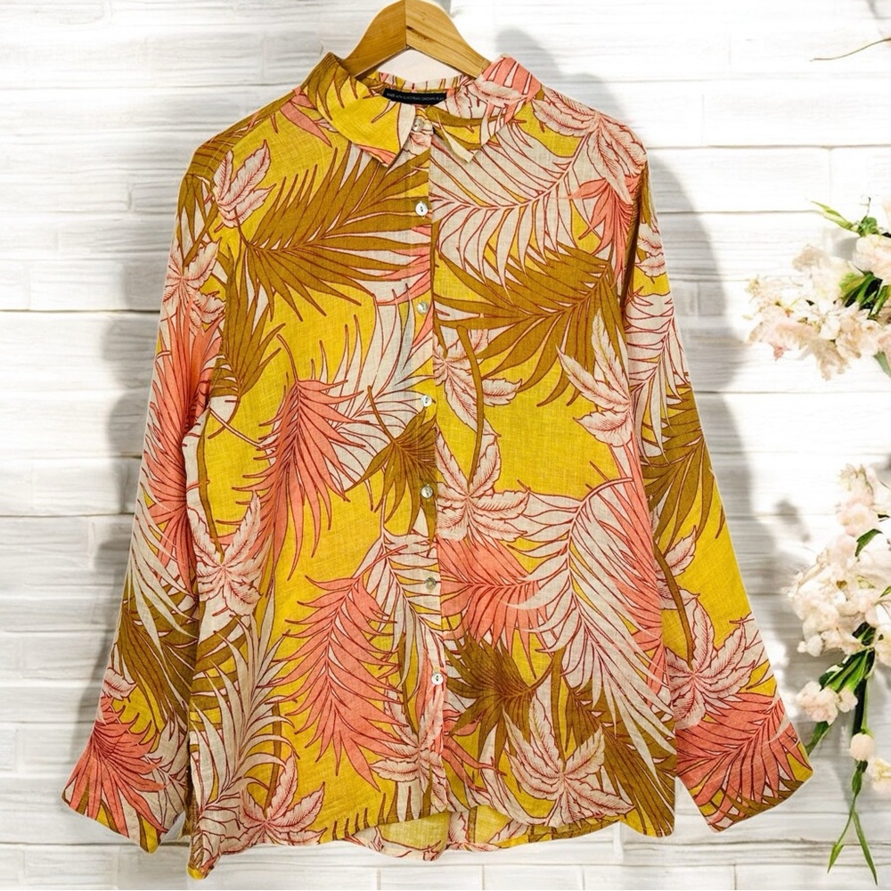 Tahari Flax Linen Tropical Palm Print Flowy Long Sleeve Button Front Blouse L